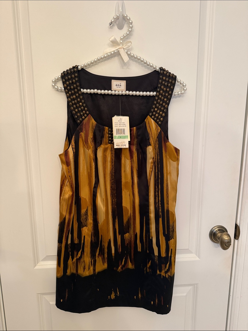 ECI Black and Mustard Brushstroke Mini Dress with Studded Shoulders